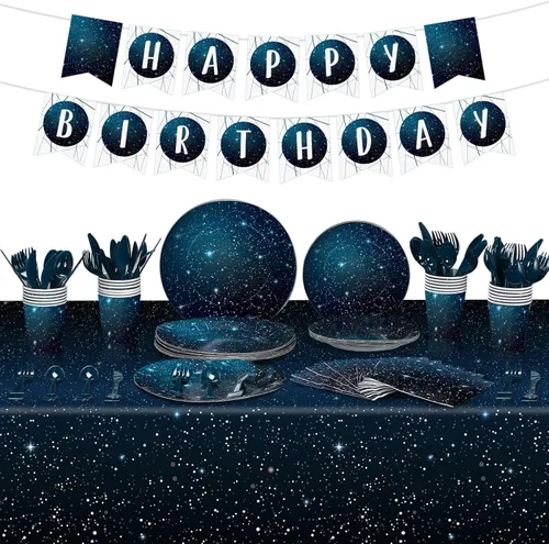 Miniatura 7 de Tiamon Juego de vajilla de 171 piezas de decoración de fiesta espacial con temática espacial, decoración de cumpleaños, mantel de galaxia, platos