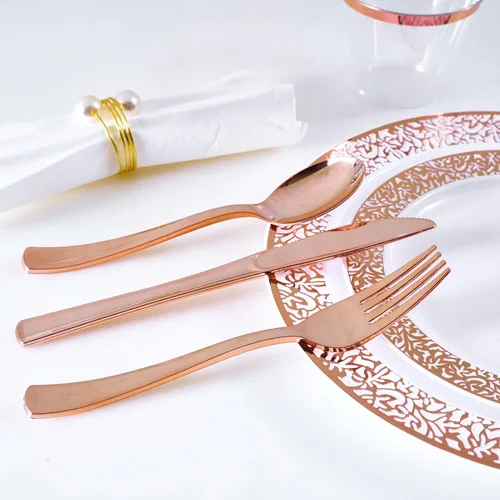 Miniatura 7 de Juego de vajilla de oro rosa de 150 unidades, elegante desechable incluye: 25 platos de plástico de encaje dorado, 25 platos de postre, 25