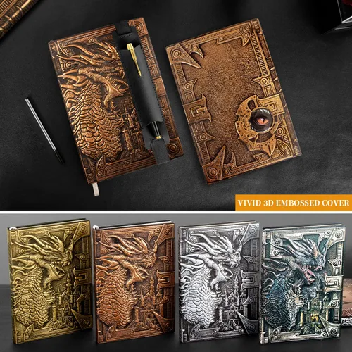 Miniatura 6 de DND - Cuaderno de Dungeon and Dragon de cuero en relieve 3D, diario de dragón con bolígrafo negro y funda para bolígrafo, diario de viaje vintage