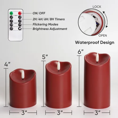 Miniatura 6 de Homemory Velas sin llama color burdeos, velas parpadeantes impermeables sin llama, velas LED de pilar para exteriores operadas por batería