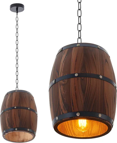 Miniatura 8 de Copkim Lámpara colgante de barril de vino de madera rústica con cadena ajustada, lámpara colgante antigua E26 lámpara de techo para bar, cocina