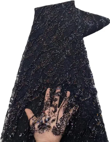 Tela de encaje africano bordada con lentejuelas, con cuentas de artesanía pesadas y brillo floral, de tul francés, para vestido con cola, 4,5 Negro