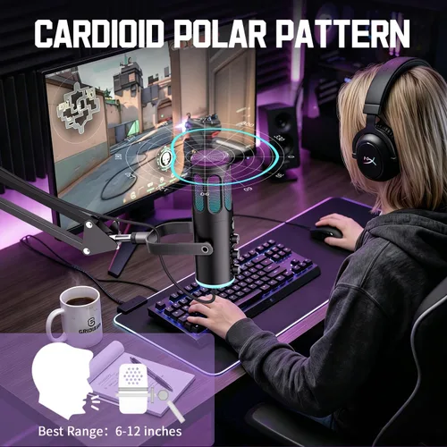 Miniatura 6 de Microfono para juegos, micrófono condensador USB para PC, PS4/5 y Mac, micrófono de computadora con cancelación de ruido, silencio, reverberación