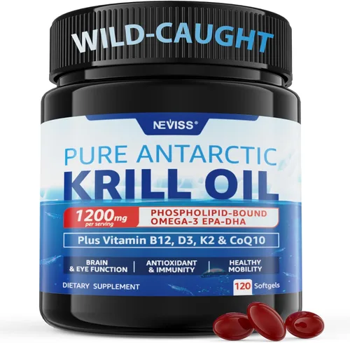 Paquete de 2 cápsulas blandas de aceite de krill antártico Omega 3 de 1200 mg (fabricado en Estados Unidos) con fosfolípidos, colina y astaxantina,