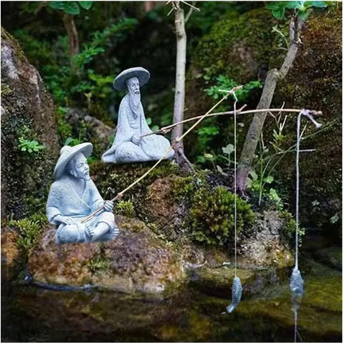 2 figuras asiáticas japonesas de pesca, mini estatua de pescador vintage para pecera, maceta, jardín, bonsái, decoración de acuario, D