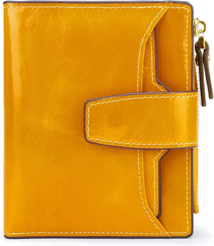 Miniatura 10 de Cartera de cuero con bloqueo RFID para mujer, pequeña, compacta, doble cremallera, con ventana para identificación