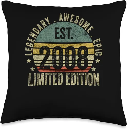 Retro Est 2008 Limited Edition Born in 2008 Gifts 15th Birthday Vintage 15 Year Old Est 2008 Limited Edition Throw Pillow, 16x16, Multicolor