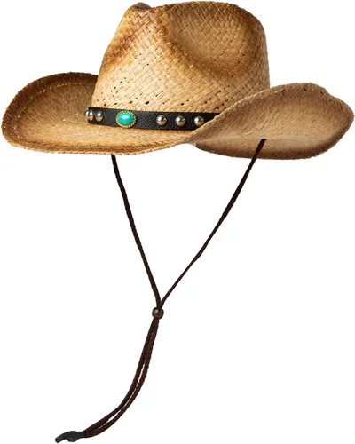 Miniatura 6 de Comhats Sombrero de paja de vaquero redondo de estilo occidental para mujer, cordón de barbilla Fedora de cuero vegano, ala moldeable, vaquera