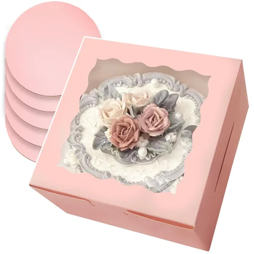 Miniatura 14 de qiqee 10x10x5 Caja para pasteles, 18 juegos de cajas para pasteles negras con ventana y 18 juegos de bases redondas negras de 10 pulgadas