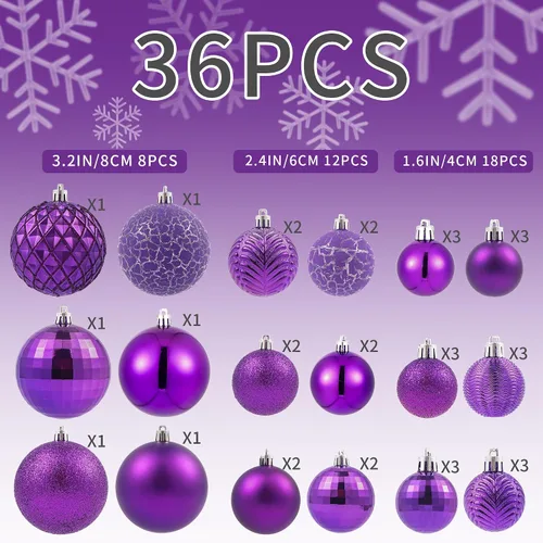Miniatura 2 de LANGXUN 36 piezas de bolas de decoración de árbol de Navidad moradas, bolas de Navidad, decoración de Navidad 2025, adornos navideños irrompibles