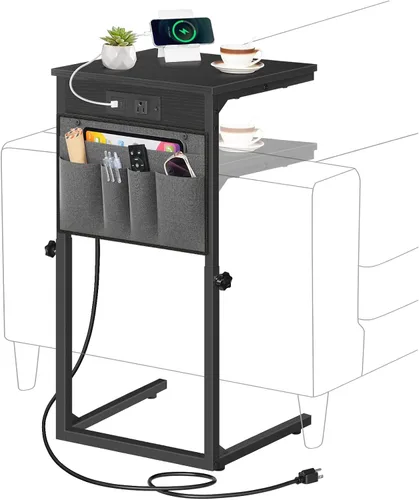 HOOBRO Mesa auxiliar en forma de C con estación de carga, mesa auxiliar de sofá de altura ajustable de 30 pulgadas con bolsillo de almacenamiento,