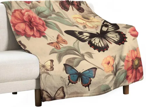 Manta de vellón vintage con mariposas florales botánicas rústicas, color beige, manta de felpa floral de mariposas de 30 x 40 pulgadas, ligera,