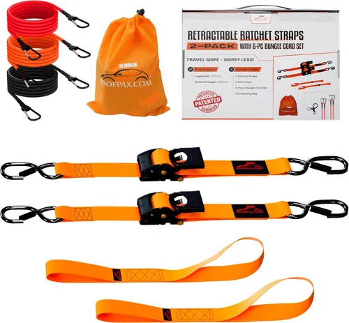 RoofPax Premium Correas de trinquete retráctiles de 2'' x 10" paquete de 2, resistencia de rotura de 3000 libras, correas de amarre autorretráctiles