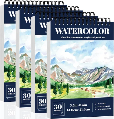 OSIMIG Bloc de papel de acuarela de 5.5 x 8.5 pulgadas, paquete de 4 (120 hojas), cuaderno de bocetos de acuarela de arte encuadernado en espiral,