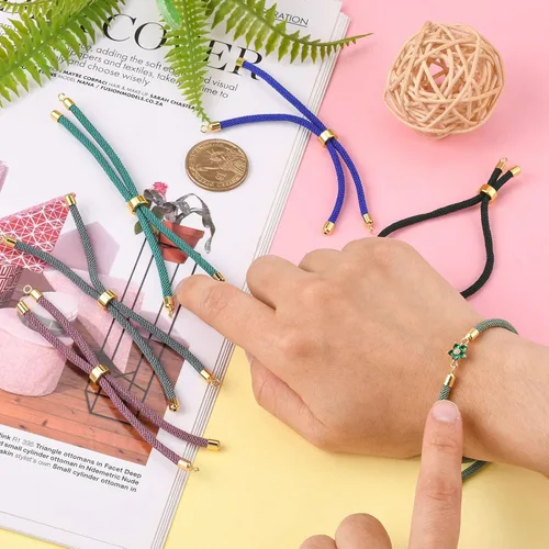 Miniatura 5 de 10 piezas de pulseras de cordón de nylon torcido para hacer joyas ajustables con deslizadores con accesorios de latón dorado para accesorios