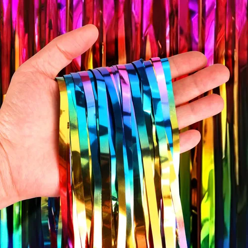 Miniatura 2 de JVIGUE Paquete de 3 cortinas de papel de aluminio metálico con flecos, cortina de flecos para fiesta de cumpleaños, telón de fondo de fotos