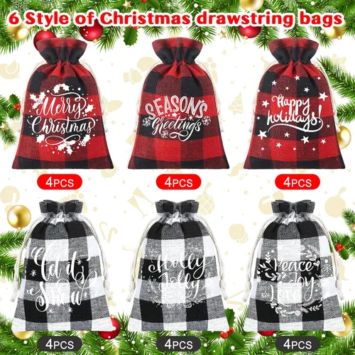 Miniatura 3 de Boao 24 bolsas de Navidad con cordón para regalo de Navidad, a cuadros, de algodón, para suministros de fiesta de dulces de Navidad
