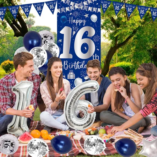 Miniatura 3 de Decoraciones de cumpleaños número 16 para niños y niñas, kit de fiesta de cumpleaños azul plateado con pancarta, globos, globo del número 16