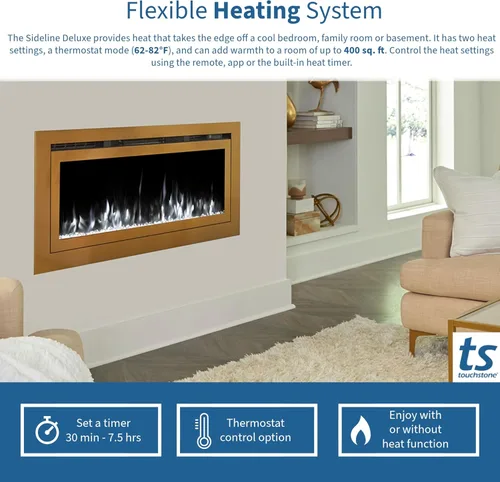 Miniatura 8 de Touchstone Sideline Deluxe - Chimenea eléctrica inteligente dorada, 60 pulgadas de ancho, habilitada para Alexa/WiFi, empotrada en pared, 5 ajustes