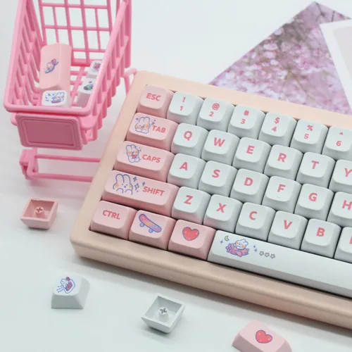 Miniatura 6 de Animal Rabbit - Lindas teclas de conejo personalizadas para teclado mecánico, 130 teclas de sublimación de tinte PBT (conejo rosa)