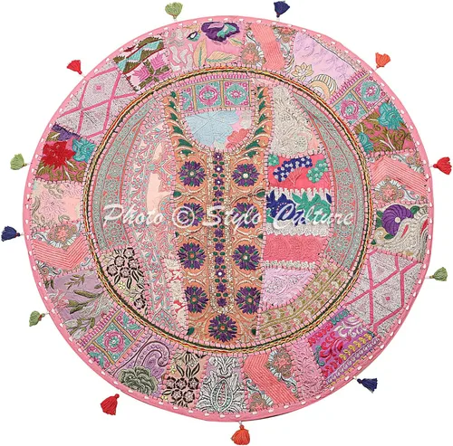 Funda de cojín redonda india para piso, estilo vintage, color rosa bebé, 28 x 28 pulgadas, decoración decorativa, asiento de Tuffet, funda para puf,