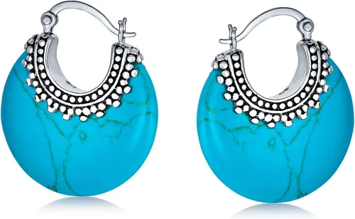 Miniatura 2 de Aretes de aro redondos de media luna con forma de ónix, turquesa y lapislázuli, estilo tribal occidental, para mujer, cuentas de caviar, milgrain