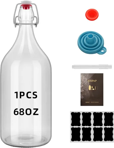 Botella de vidrio abatible de 64 onzas con tapa abatible de 2 litros con tapón para bebidas, aceite, vinagre, kombucha, cerveza, agua, refrescos,