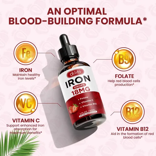 Miniatura 2 de Suplemento de hierro líquido para mujeres y hombres, suplementos de hierro para anemia con folato, vitamina C, B12 para soporte de glóbulos rojos