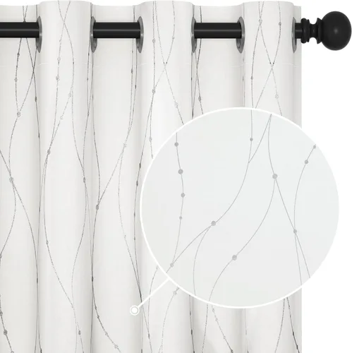 Deconovo Cortinas 50 % blackout, estampado metalizado de líneas onduladas con puntos, cortinas con ojales para dormitorio, color blanco, 52 x 84