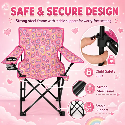 Miniatura 5 de Emily Rose Silla de playa plegable para niños con soporte para tazas, bloqueo de seguridad y estuche de transporte a juego (corazones juguetones)