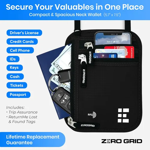 Miniatura 10 de Cartera para el cuello para viajes y pasaporte con bloqueo RFID, delgada y fácil de ocultar, bolsa de viaje de nailon para hombres y mujeres