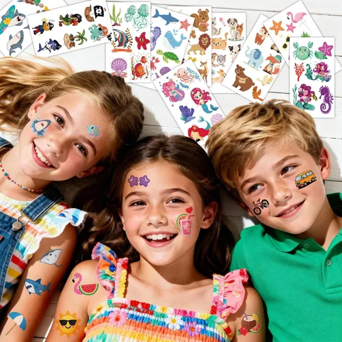 Miniatura 3 de Más de 326 tatuajes temporales para niños, 60 hojas de tatuajes falsos de acuarela pequeños con sirena, camión, animales, princesas, pirata, Verde