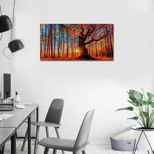 Miniatura 6 de Arte de pared de bosque grande, bosque y puesta de sol, lienzo, cuadros de hojas rojas, paisaje, lienzo, obra de arte contemporánea de naturaleza