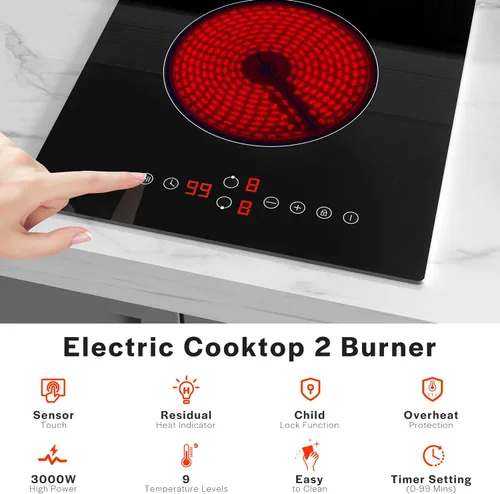 Miniatura 4 de Empava Placa de cocina eléctrica de infrarrojos de 2 quemadores, estufa eléctrica integrada de 3000W para la cocina, 208~240V con cableado fijo, sin