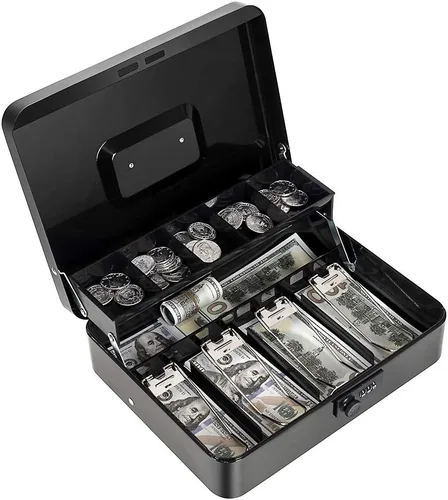 Caja de efectivo con bandeja de dinero y cerradura de combinación, caja de dinero de metal para caja registradora, caja de seguridad escalonada para