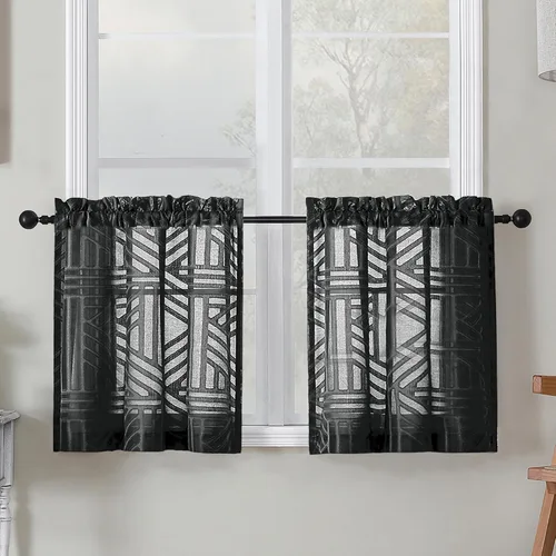 Simplebrand Cortinas traslúcidas negras de cocina de 24 pulgadas de largo, 2 paneles, filtrado de luz, geométrico jacquard con textura, cortinas