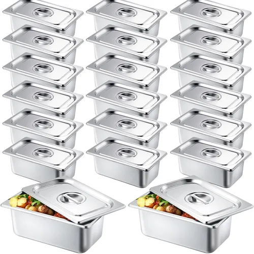 Zubebe Paquete de 16 sartenes de hotel con tapa, mesa de vapor de 4 pulgadas de profundidad, acero inoxidable de 0.035 in de grosor, sartenes