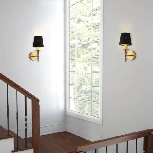 Miniatura 8 de Moderno aplique de pared industrial de mediados de siglo, lámpara de pared de tocador de baño con marco de latón cepillado y pantalla de lino negro