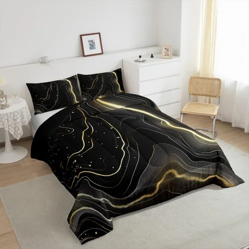 Miniatura 4 de Erosebridal Juego de edredón de mármol negro y dorado tamaño Queen, juego de ropa de cama con purpurina, líneas blancas y doradas con textura Marble