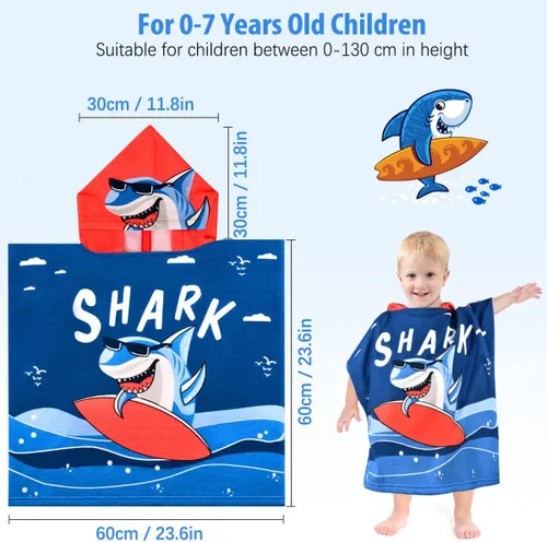 Miniatura 3 de HUANLANG Poncho de baño con capucha para niños y niñas, toalla de algodón súper suave y absorbente para niños de 2 a 6 años Gafas de sol Shark