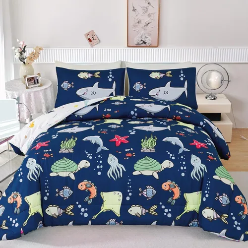 RYNGHIPY Juego de ropa de cama para cama individual para niños, reversible, con estampado de animales marinos, juego de edredón para niños y niñas,