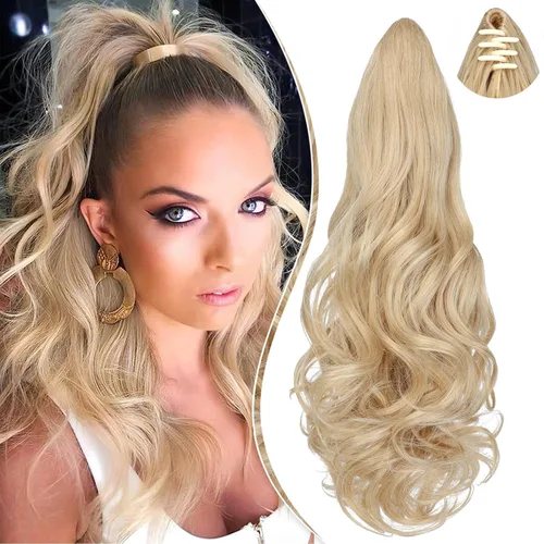 Miniatura 11 de Extensión de cola de caballo de 18 pulgadas, rizado, ondulado, con clip, extensiones de cabello largo sintético para mujer, color marrón claro