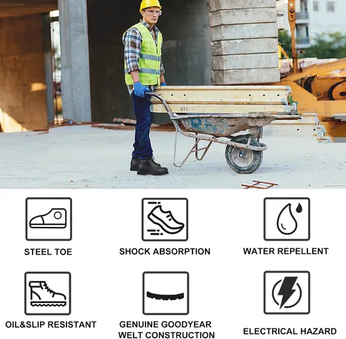 Miniatura 5 de Botas de Trabajo para Hombre, con Punta de Acero, de Cuero, Resistente al Aceite, Antideslizante y al Calor, Botas de Seguridad Industriales