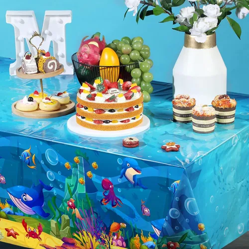 Miniatura 5 de Tiamon Paquete de 3 manteles para fiesta marina, animales del océano, mantel de mesa de criaturas submarinas y vida marina para niños, decoración