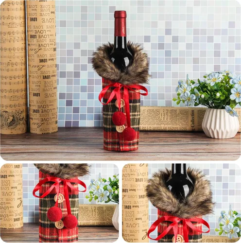 Miniatura 6 de Tanlee 6 fundas de suéter de Navidad a cuadros para botellas de vino con cuello de piel sintética y diseño de capa de botón para decoraciones