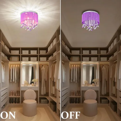 Miniatura 7 de LaLuLa Candelabro de cristal morado para dormitorio de niñas, lámpara de techo E12 de 3 luces, pantalla de cuerda de algodón hecha a mano, elegante