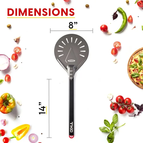 Miniatura 2 de TKC Pela de pizza perforada de 8 pulgadas – Pela profesional de aluminio para pizza – Espátula de pizza de metal de mango largo para interiores