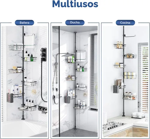Miniatura 9 de Organizador de Caddy para Ducha con Poste de Tensión, Estante Esquinero de 6 Piezas Resistente al Óxido con Estante de Ducha Ajustable de 30-120