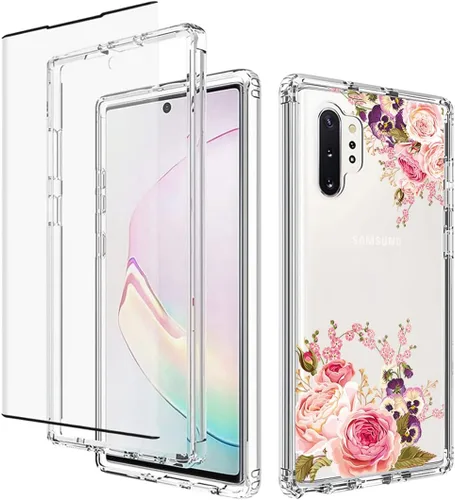 Funda para Galaxy Note 10 Plu/Note 10+ 5G SM-N975U con protector de pantalla de vidrio templado, carcasa rígida de diseño floral de cuerpo completo