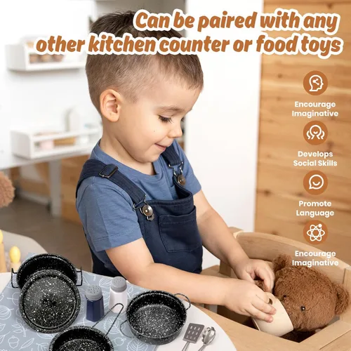 Miniatura 5 de Juego de accesorios de cocina para niños, juguete de cocina para niños pequeños, juego de ollas y sartenes de acero inoxidable coloridas, regalos